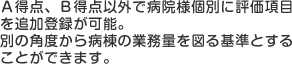 A得点、B得点以外で病院様個別に評価項目を追加登録が可能。
別の角度から病棟の業務量を図る基準とすることができます。 